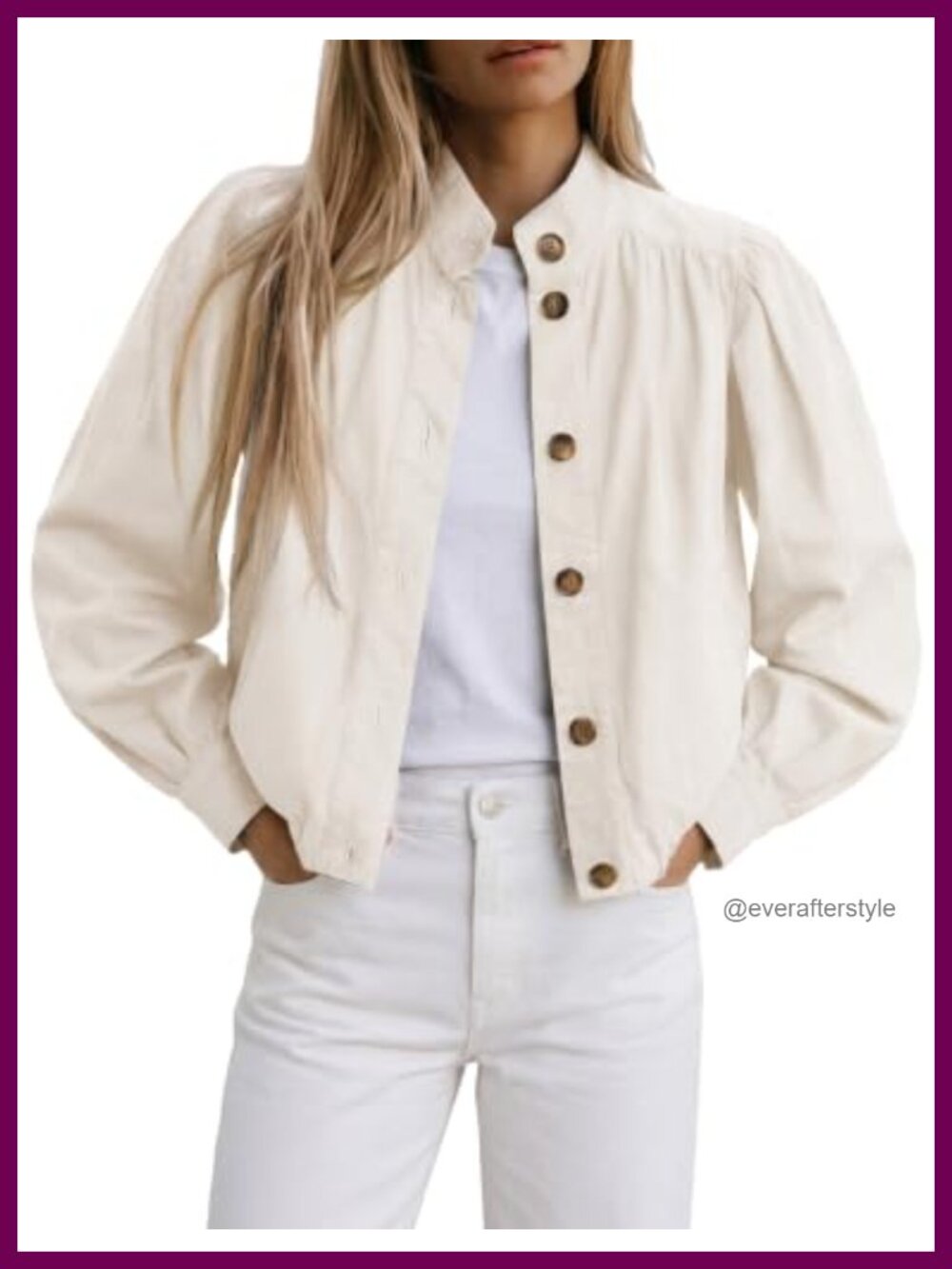 Women's Cropped Cotton Puff Sleeve Stand Collar Button Front Jacket
